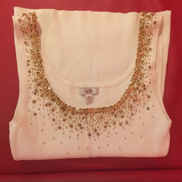White Cache top with gold sequence - Picture 1 of 8